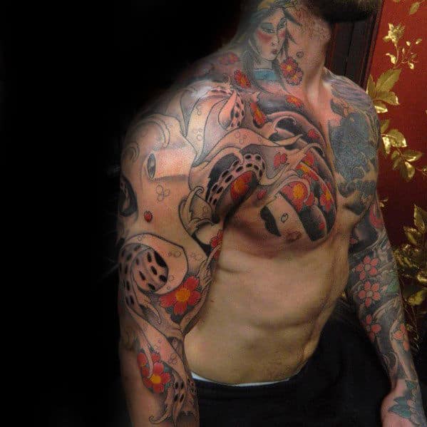 Japanese Creative Male Octopus Sleeve And Chest Tattoos