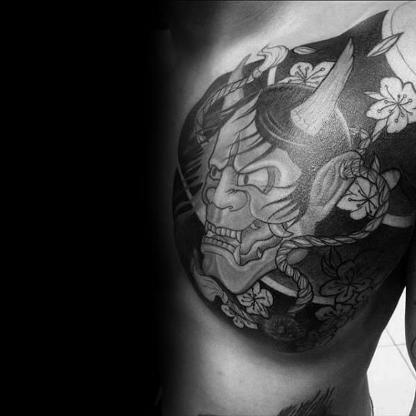 Japanese Demon Mask Guys Chest Cover Up Tattoo Ideas