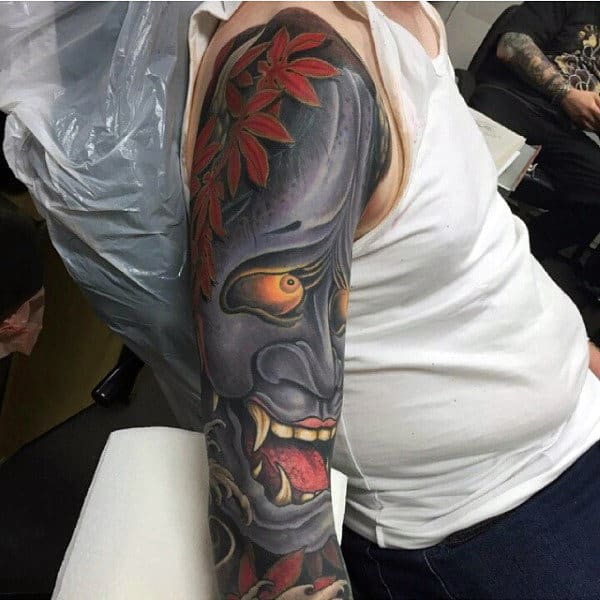 Japanese Demon Mask Modern Guys Tattoo Full Sleeve Designs