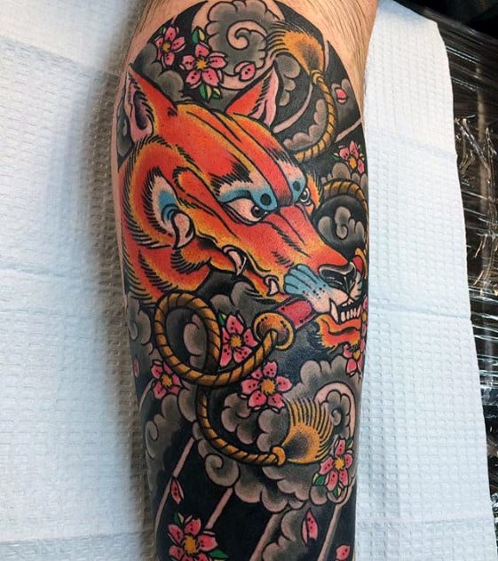 Japanese Detailed Guys Kitsune Fox Leg Tattoo