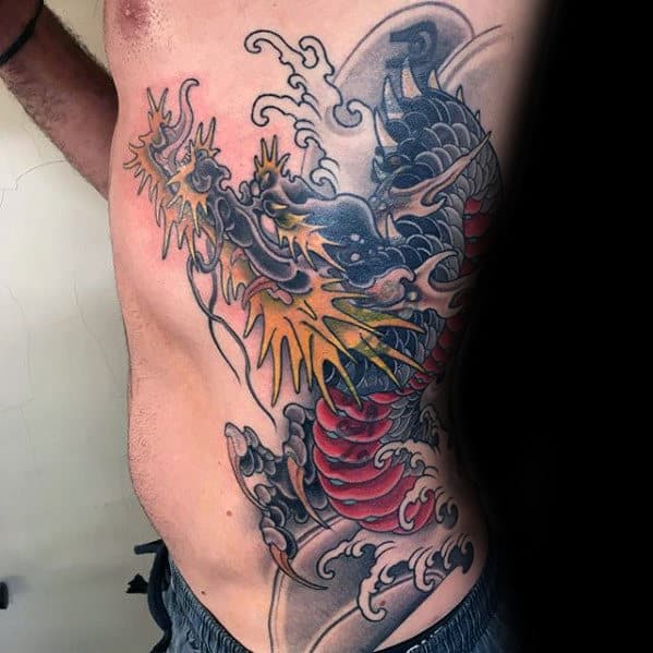 Japanese Dragon With Water Waves Sweet Rib Cage Side Tattoos For Males