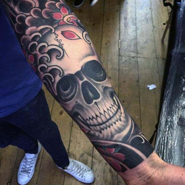 japanese-forearm-skull-sleeve-awesome-mens-tattoo-ideas