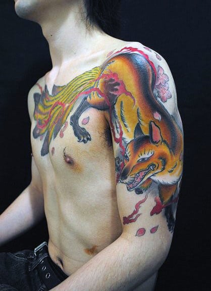 Japanese Fox Tattoo Mens Half Sleeve And Chest