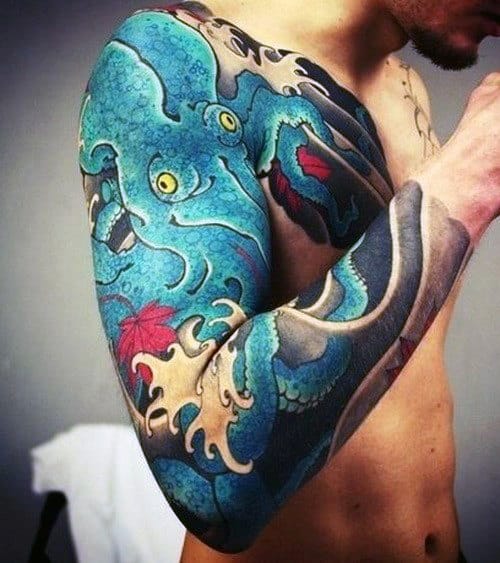 Japanese Half Sleeve Blue Octopus Tattoo Ideas For Males