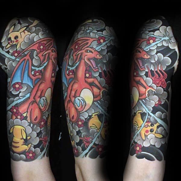 Wonderful Colorful Pokemons Tattoo On Right Half Sleeve