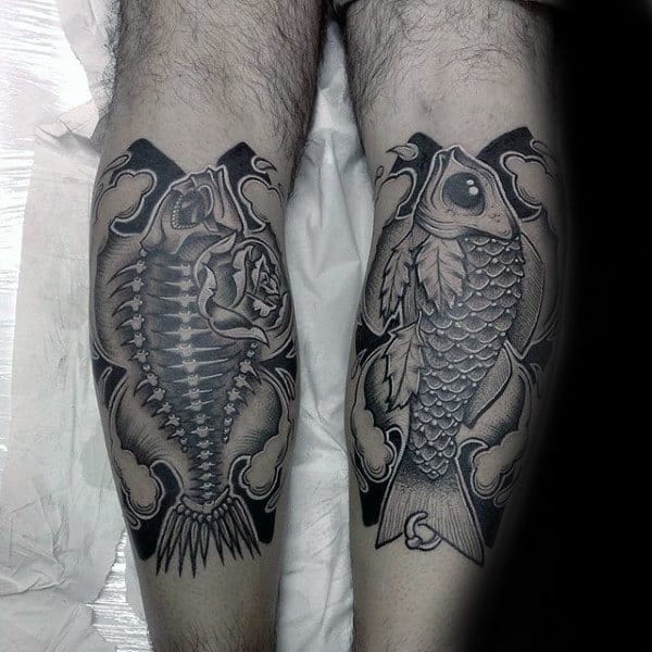 Japanese Koi Fish Skeleton Mens Back Of Leg Tattoos