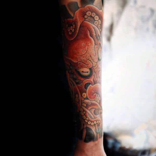 Japanese Kraken Forearm Sleeve Tattoo On Man