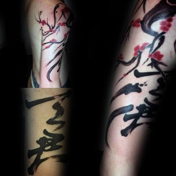 Japanese Lettering Cherry Blossom Male Arm Tattoo With Watercolor Design