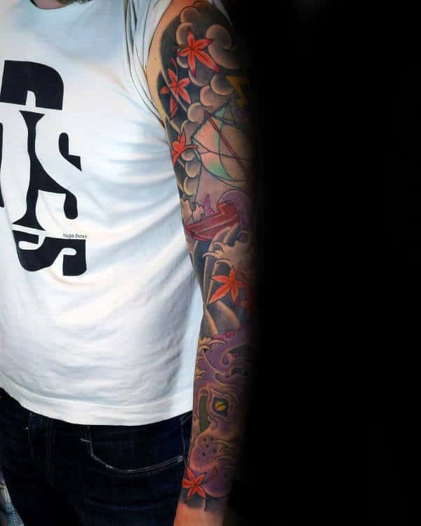 Japanese Male Kraken Sleeve Tattoo Ideas