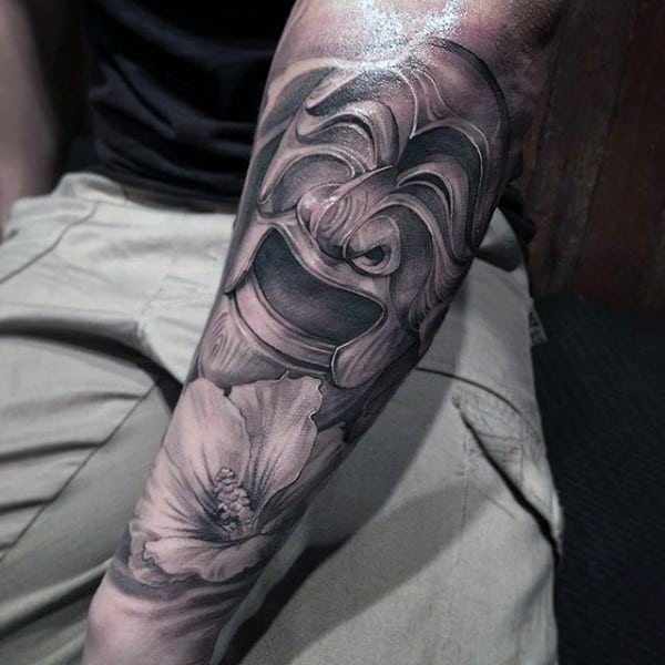 Japanese Mask Chicano With Flower Outer Forearm Tattoos For Guys