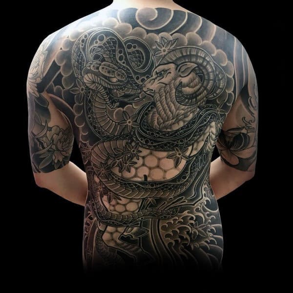 Japanese Mens Ram And Snake Full Back Tattoo