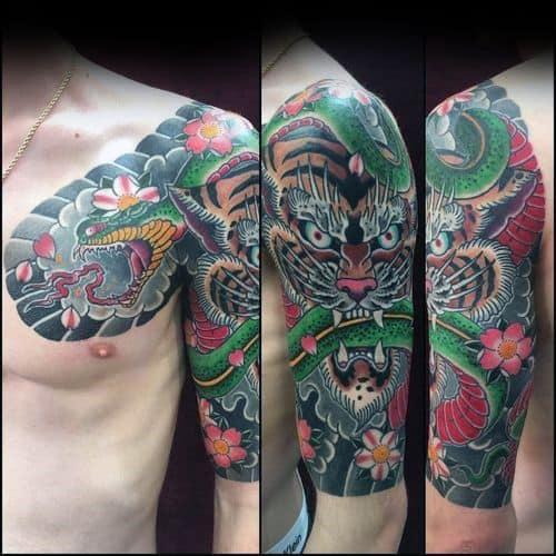 Japanese Mens Snake And Tiger Half Sleeve Tattoo Ideas