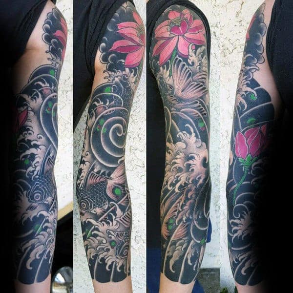 japanese-ocean-water-waves-lotus-flower-black-ink-sleeve-tattoos