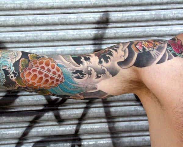 Japanese Ocean Waves Mens Turtle Tattoo Ideas Sleeve