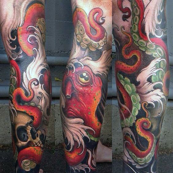 Japanese Octopus With Skull Mens Full Leg Sleeve Tattoos