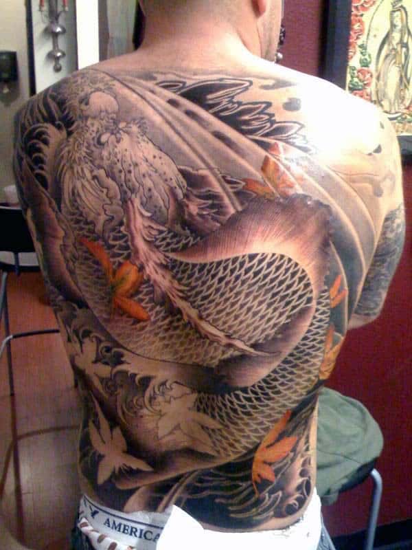Japanese Orange Leaf Dragon Mens Back Tattoo