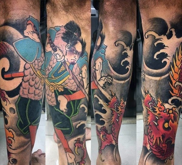 Japanese Red Dragon Male Leg Sleeve Tattoo Ideas