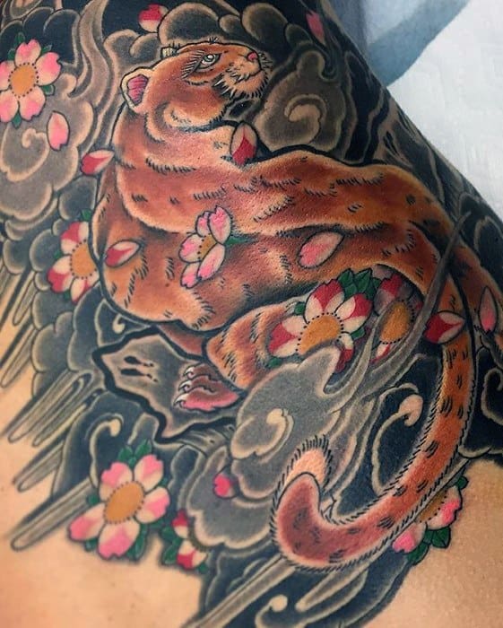 Japanese Rib Cage Side Masculine Mountain Lion Tattoos For Men