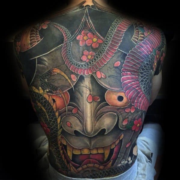 Japanese Snake Full Back Demon Mask Tattoo Designs For Men