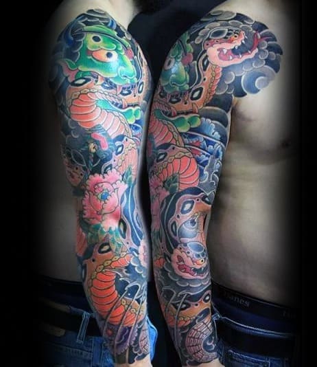 Japanese Snake Guys Tattoo Full Arm Sleeve