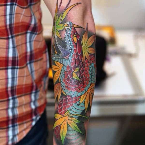 japanese-snake-maple-leaf-mens-forearm-sleeve-tattoos