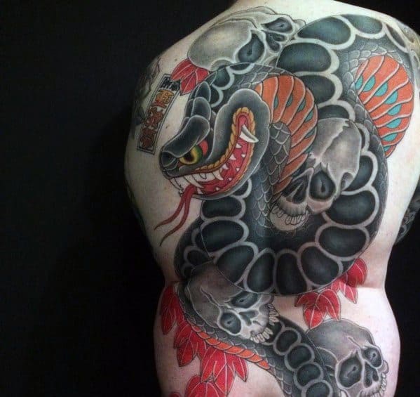 Japanese Snake Wrapped Around Skulls Back Tattoo Designs For Males