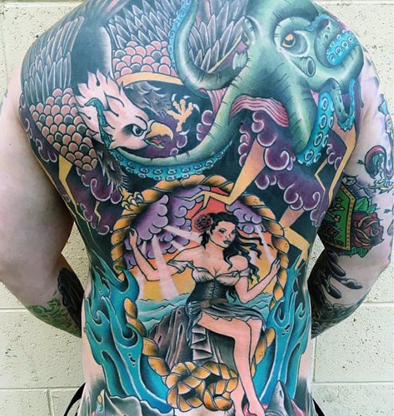Japanese Storm Clouds With Octopus Mens Full Back Tattoos
