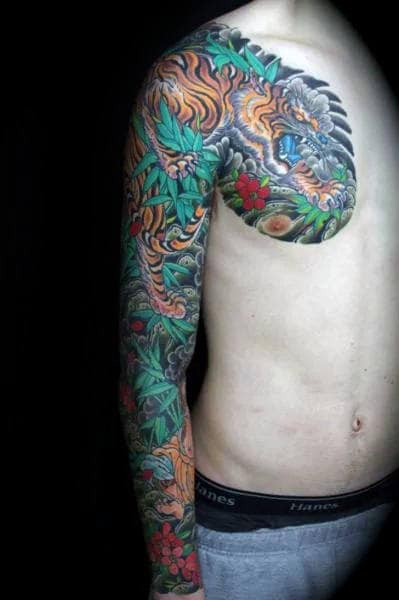 Japanese Tiger In Jungle Mens Full Arm Sleeve Tattoo