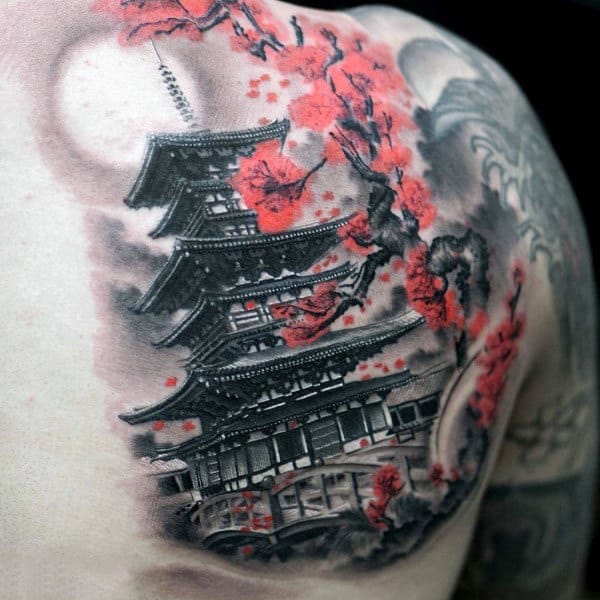Japanese Tower Cherry Blossom Mens Back Tattoo With Shaded Grey Ink