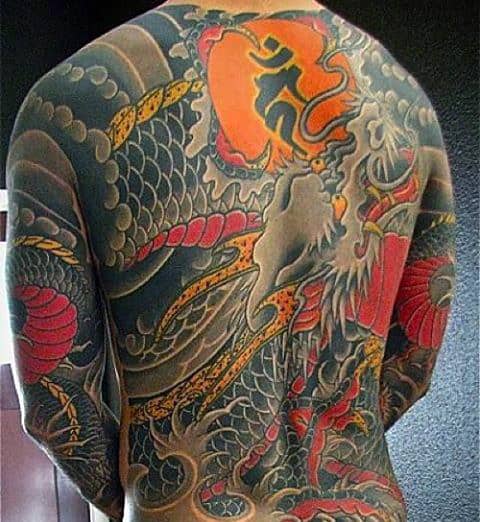 Japanese Traditional Dragon Male Back Tattoos With Sun Design