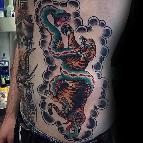 Japanese Traditional Mens Tiger And Snake Rib Cage Side Tattoos