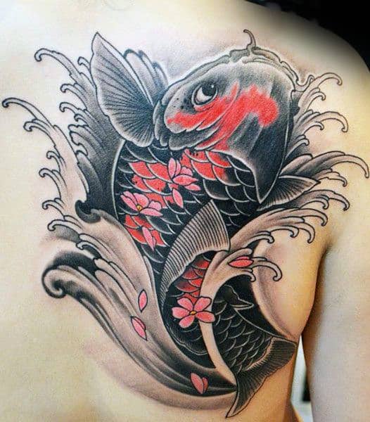 Japanese Water And Floral Flower Petals Mens Catfish Shoulder Tattoo