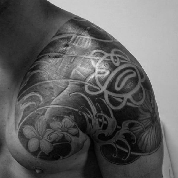 Japanese With Negative Space Sun Mens Chest And Shoulder Taino Tattoos