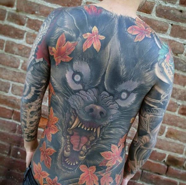 Japanese Wolf Mens Full Back Tattoos