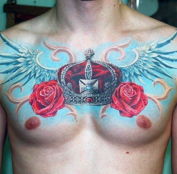 Jazzy Blue And Red Crown Tattoo On Chest For Men