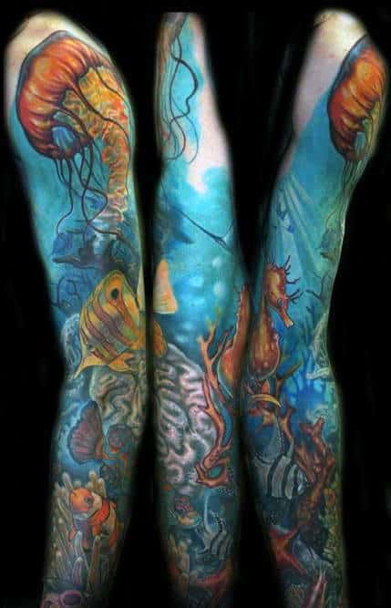 Jellyfish With Fish Mens Coral Reef Full Sleeve Tattoos