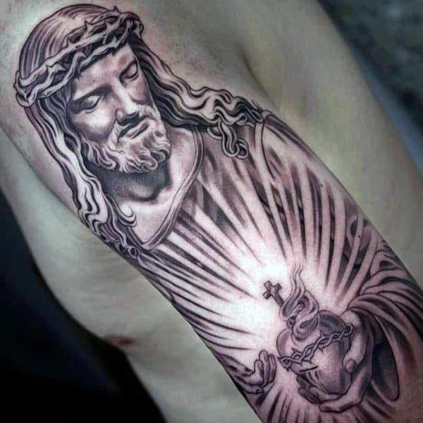 Jesus Holding Heart In Hands Mens Half Sleeve Tattoo Ideas