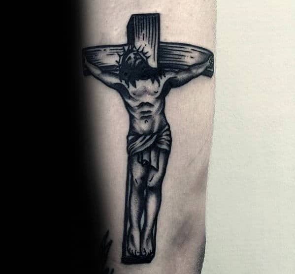 Jesus Old School Traditional Small Guys Jesus Back Of Arm Tattoo