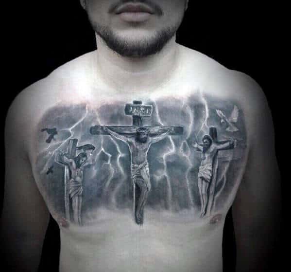 Jesus On The Cross Catholic Upper Chest Tattoo For Gentlemen