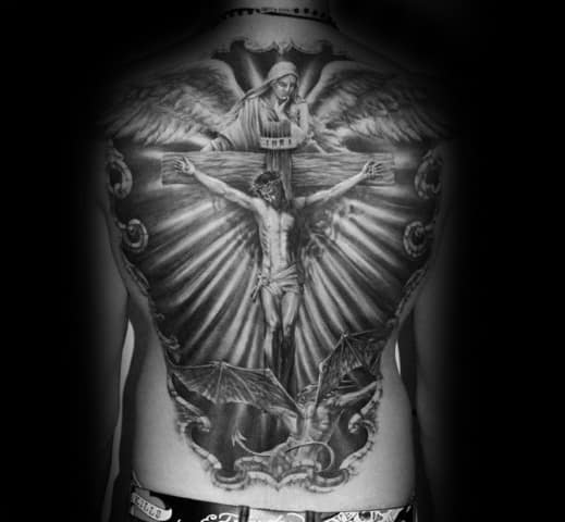 Jesus On The Cross Guys Shaded 3d Back Tattoo Designs
