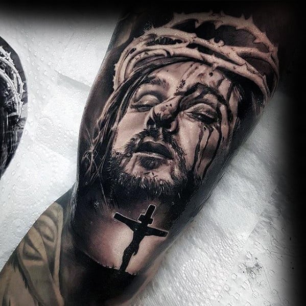 Jesus On The Cross Mens Arm Tattoo Design Ideas
