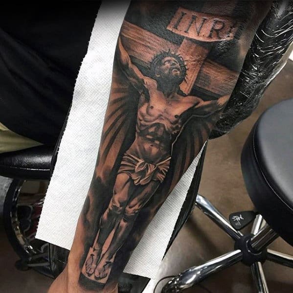 Jesus On Wood Cross Guys Outer Forearm Tattoos