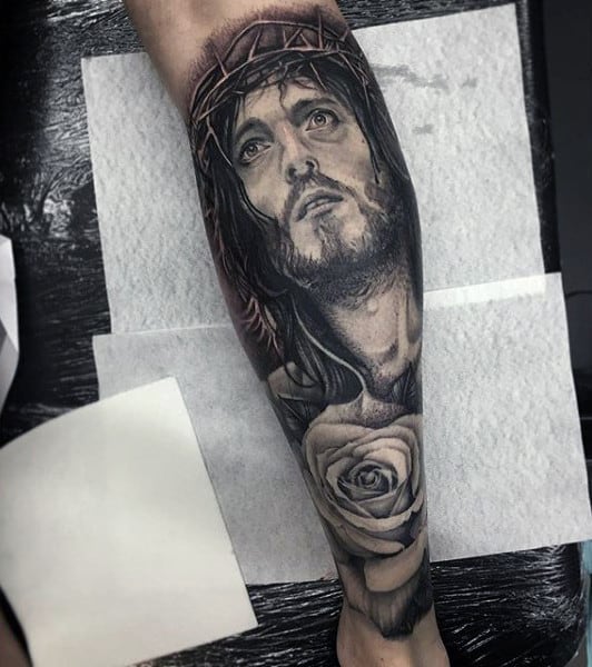 Jesus Rose Flower Mens Leg Sleeve Tattoo