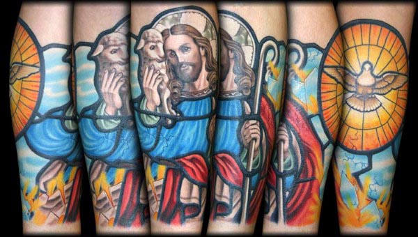 Jesus Shepherd Mens Stained Glass Tattoo Ideas