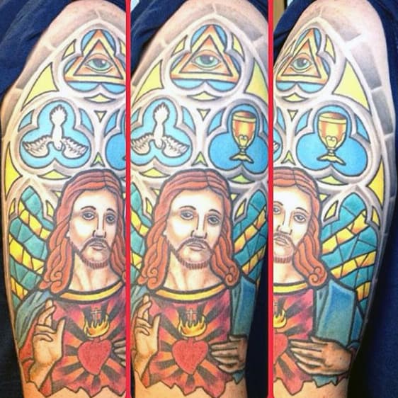 Jesus Themed Mens Half Sleeve Stained Glass Tattoo