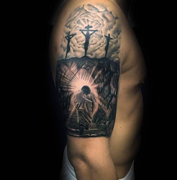 Jesus Walking Towards Light Guys Arm Tattoo