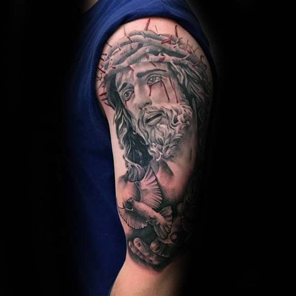 Jesus With Bleeding Crown Of Thorns Guys Arm Tattoos