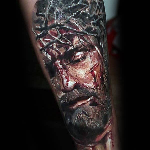 Jesus With Crown And Thorns And Blood Guys Realistic Outer Forearm Tattoo Designs