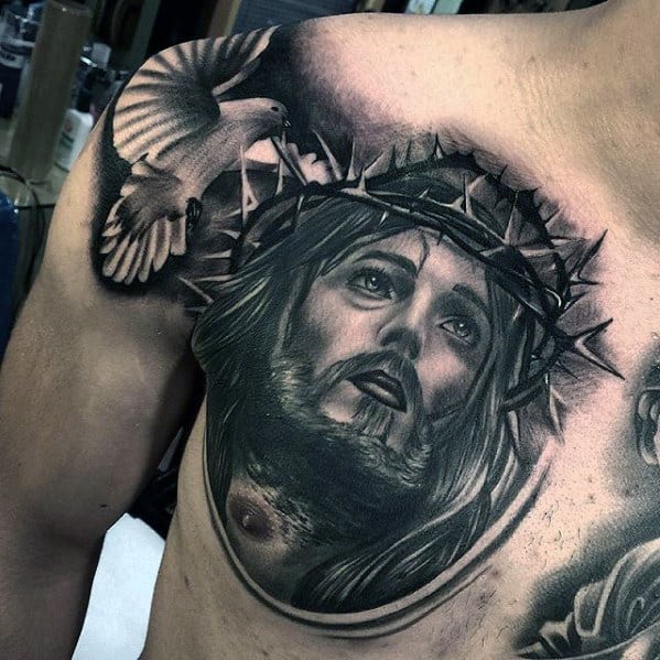 Jesus With Crown Of Throns And Flying Dove Mens Upper Chest Tattoo