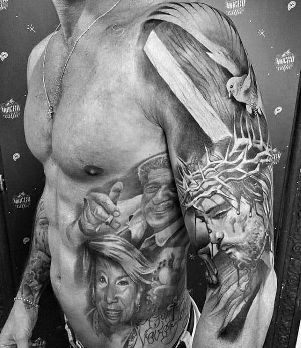 Jesus With Wood Cross Mens 3d Half Sleeve Tattoos